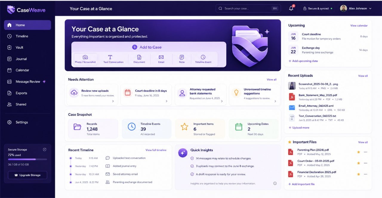 The real CaseWeave client web app — Your Case at a Glance dashboard in the browser.