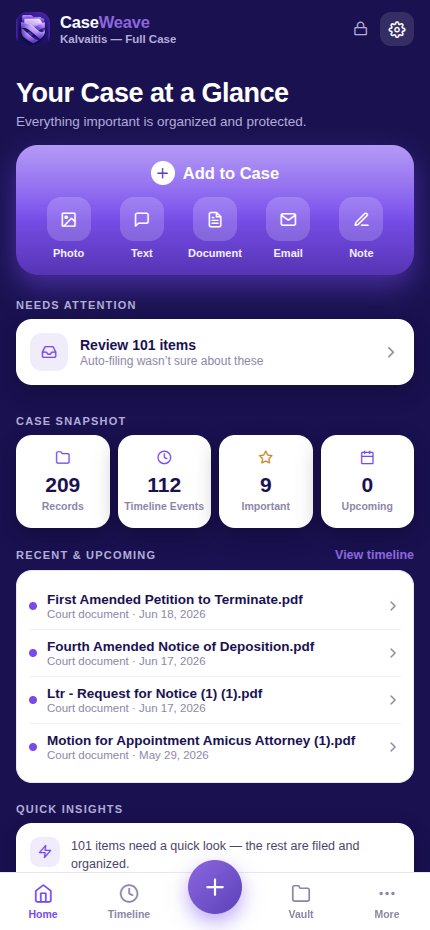 The CaseWeave client app dashboard on a phone: Your Case at a Glance with quick capture and case snapshot.