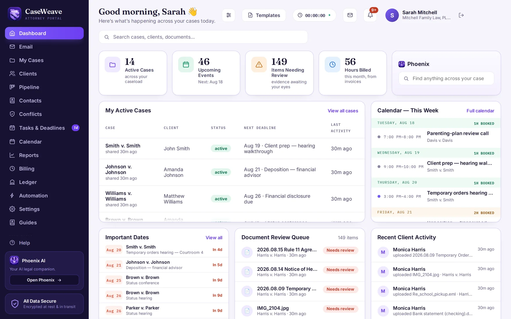 Demonstration attorney dashboard with active cases, review items and upcoming events.