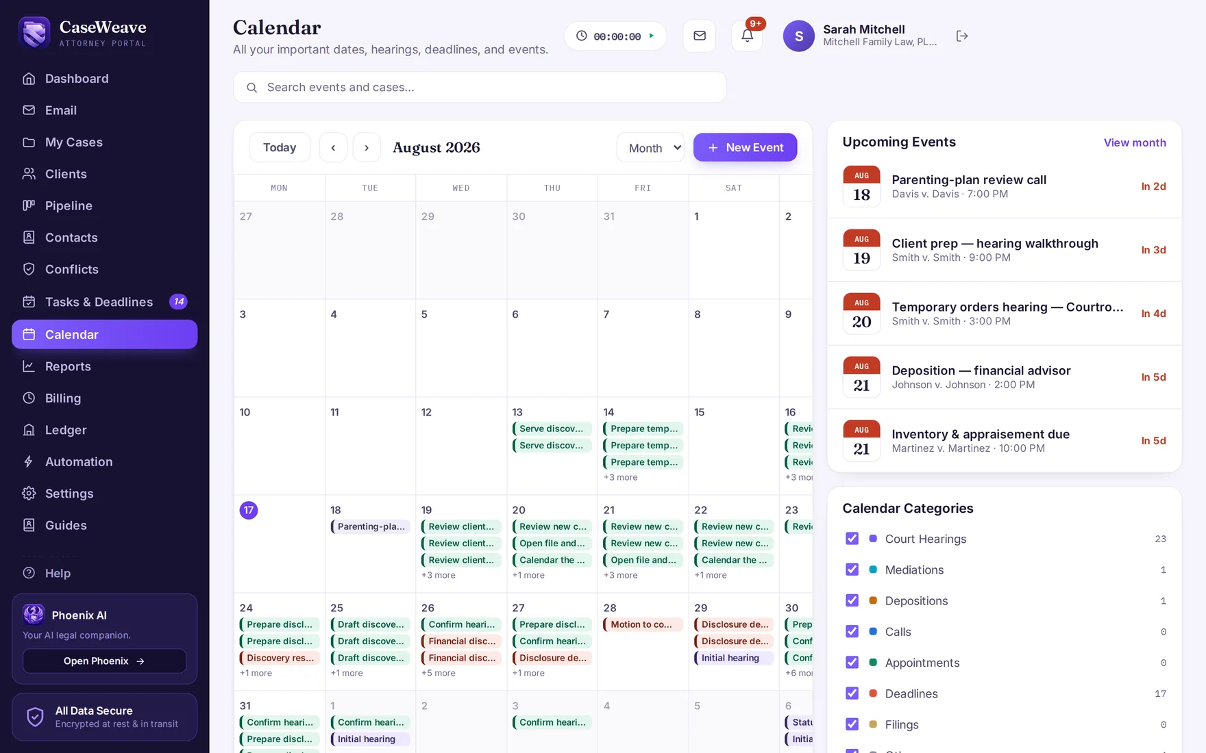Calendar showing hearings, mediations and filing deadlines.