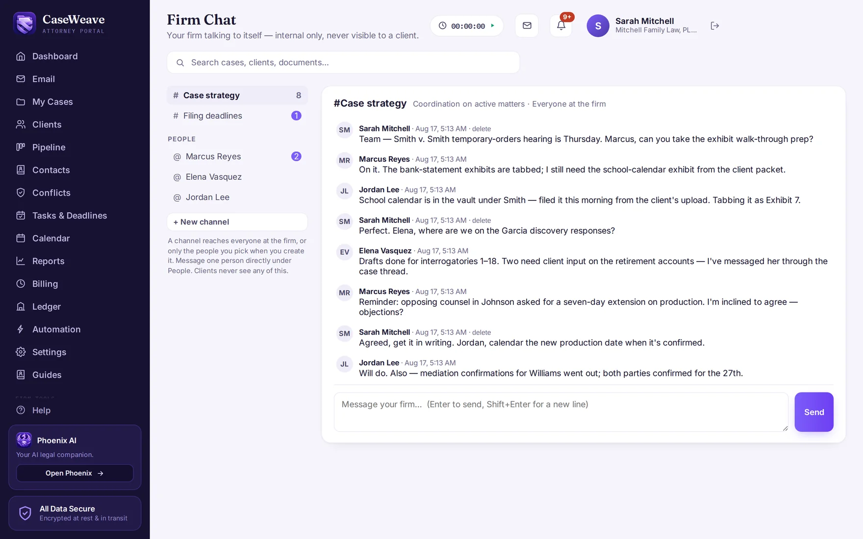 Firm chat with team channels and direct messages.