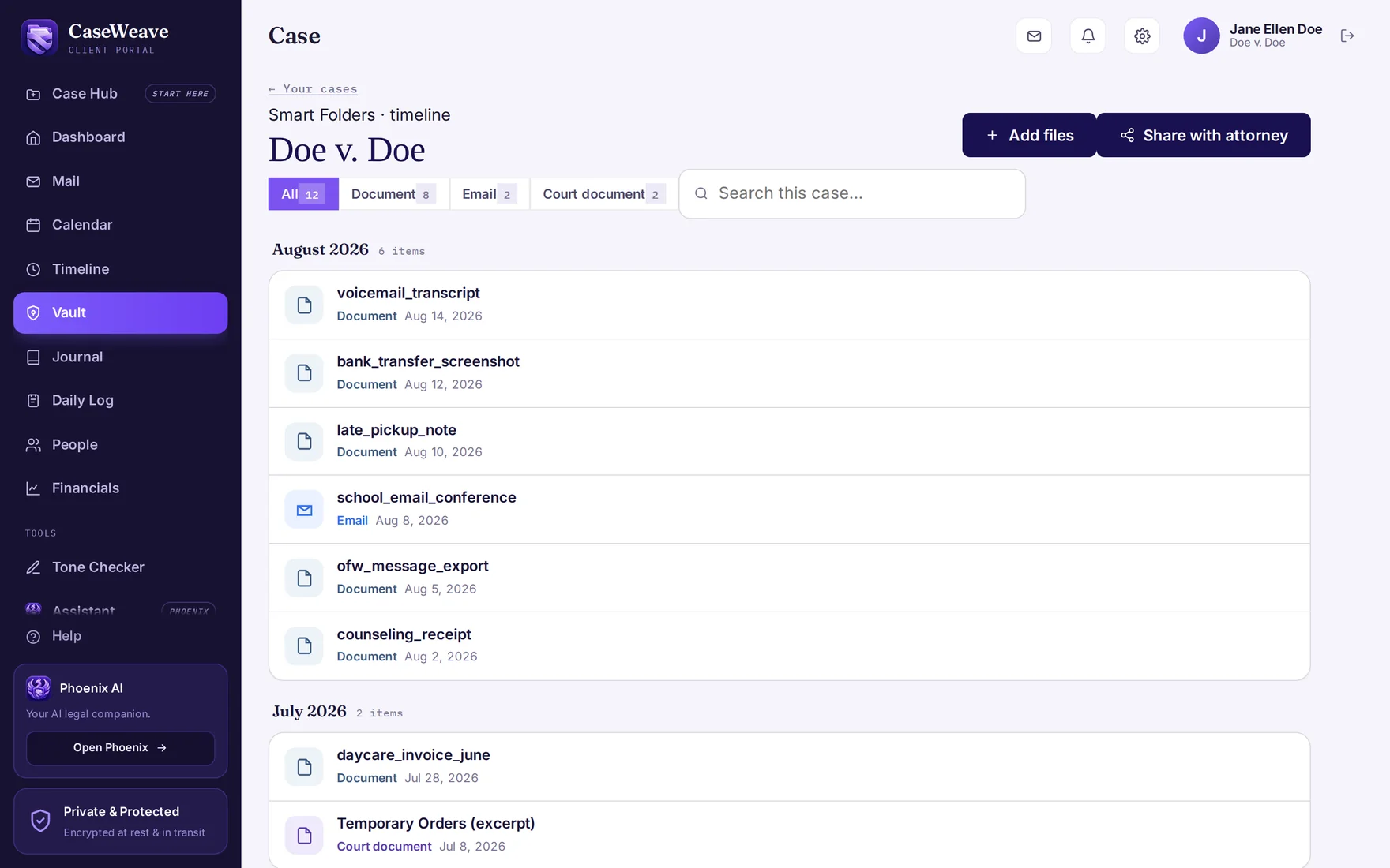 Client web portal with the case vault, timeline, journal, calendar and messages.