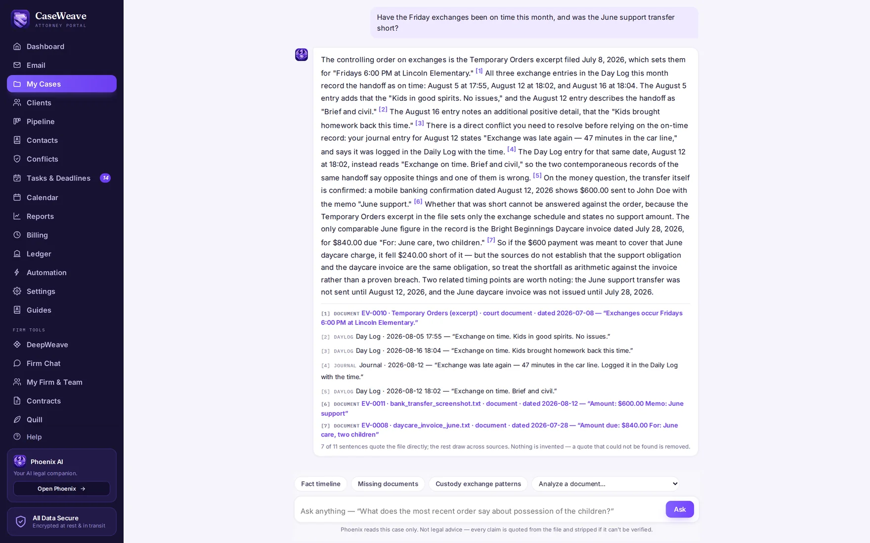 A demonstration Phoenix response with numbered sources and supporting quotations.