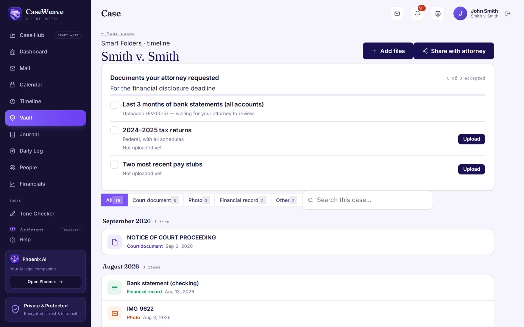 CaseVault demonstration with folders, document requests and timeline.